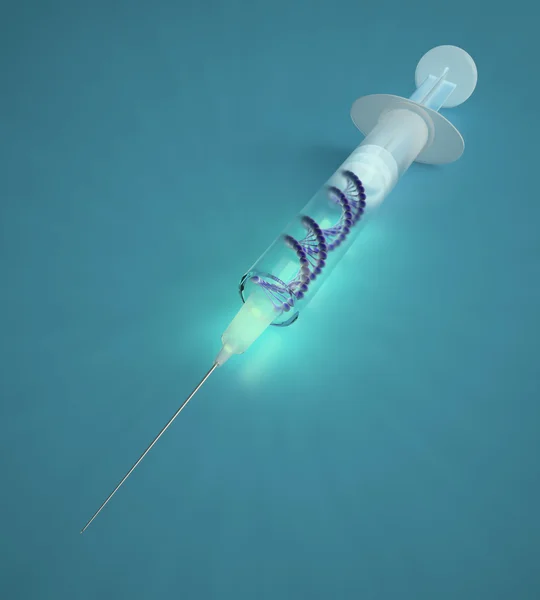 Jeringa con una hebra de ADN - concepto de terapia génica —  Fotos de Stock