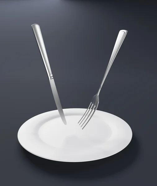 Couteau et fourchette flottant sur une plaque vide — Photo