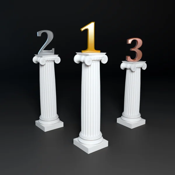 stock image Three corinthian columns supporting golden, silver and bronze numbers.