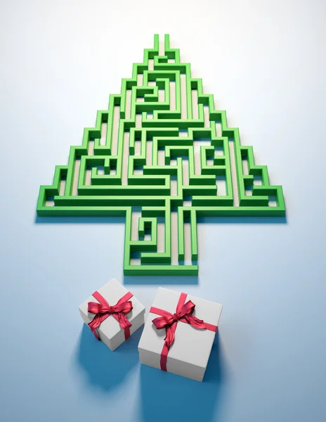 Árvore de Natal em forma de labirinto levando a presentes — Fotografia de Stock