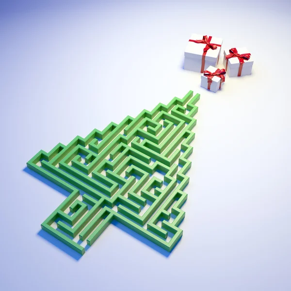 Christmas Tree shaped maze leading to gifts — Stock Photo, Image