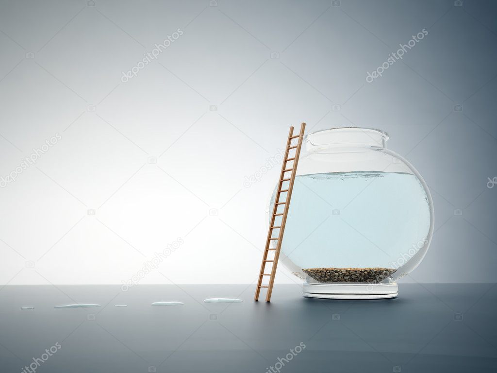 Empty fishbowl with a ladder - independence and freedom concept illustratio