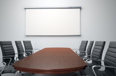 Conference room with empty chairs and a projector screen clipart