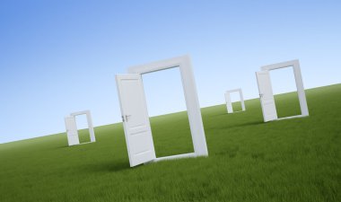 White doors in a field of grass clipart