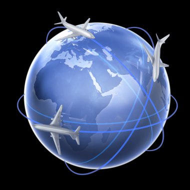 Three airplanes around th eglobe - air travel concept illustration clipart