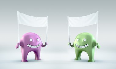 Two pink and green martians holding a blank banner clipart