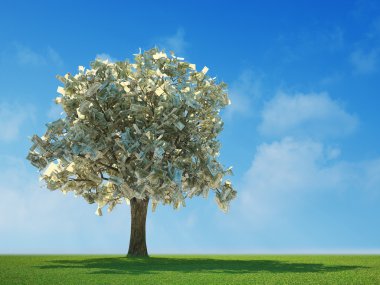 Money tree growing in the middle of a meadow clipart