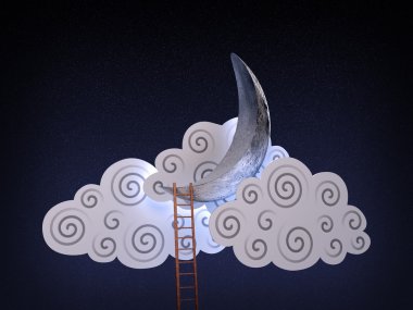 Abstract 3D illustration of a ladder leading to the Moon in clouds clipart