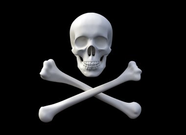3D kafatası ve kemikler korsan bayrağı oluşturan işlenmiş