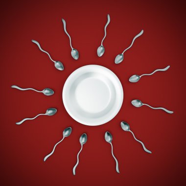 Sperm cell shaped spoons straggleing to get to an empty plate clipart