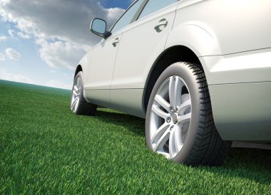 Car standing in a field of grass - ecological transport concept clipart