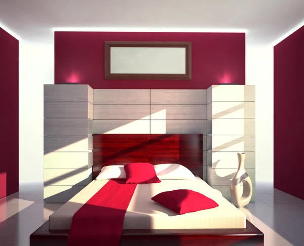 赤と白のモダンなベッドルーム ビュー — ストック写真