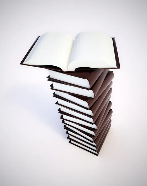 Boken stack med en öppen volym på toppen — Stockfoto