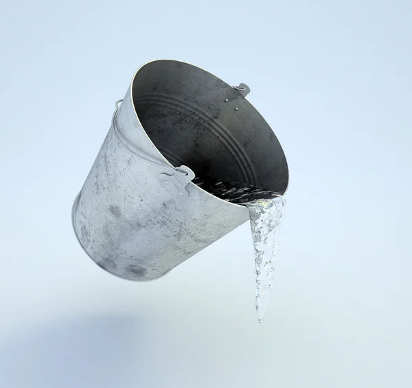 Metal bucket full of water levitating over the floor — Stock Photo, Image