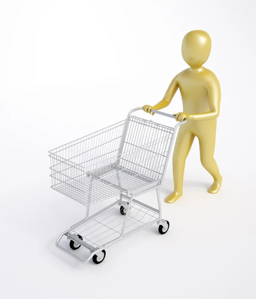 Personagem 3D com um carrinho de compras — Fotografia de Stock