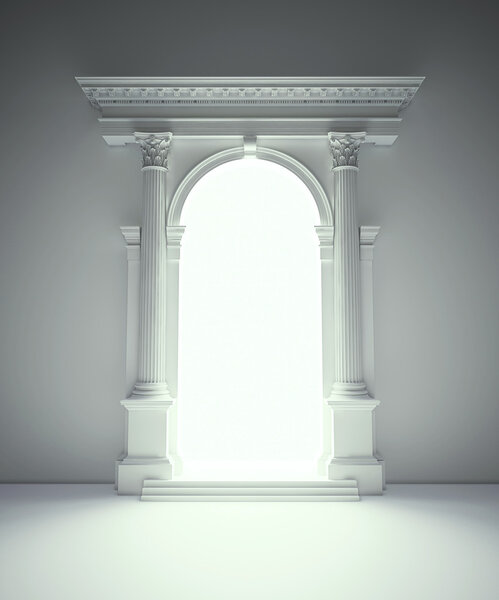 Classical architecture portal with corinthian columns, arcades and entablat