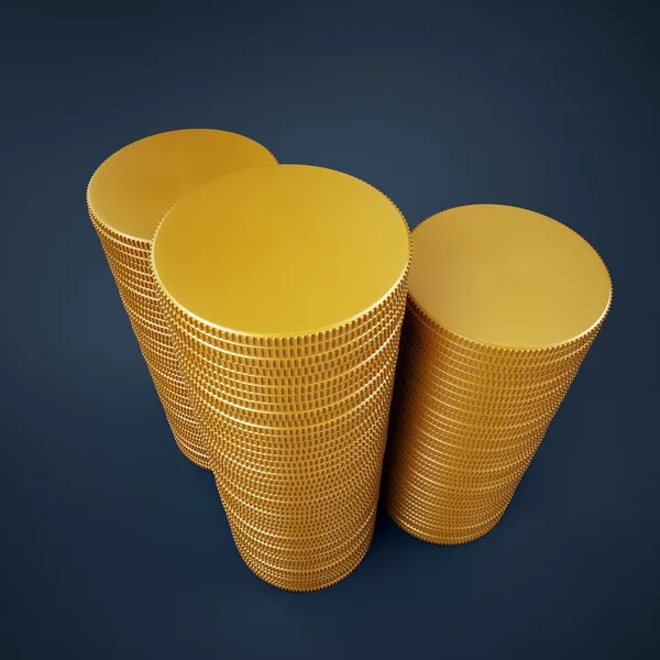 Drei hohe Stapel unbeschriebener Goldmünzen — Stockfoto