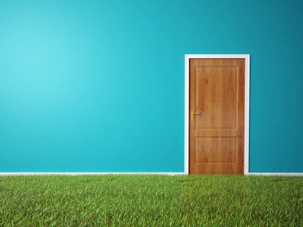 Комната с деревянной дверью и покрытым травой полом — стоковое фото