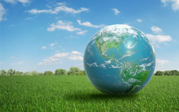 Realistic Earth on a green field of grass — Stock Photo, Image
