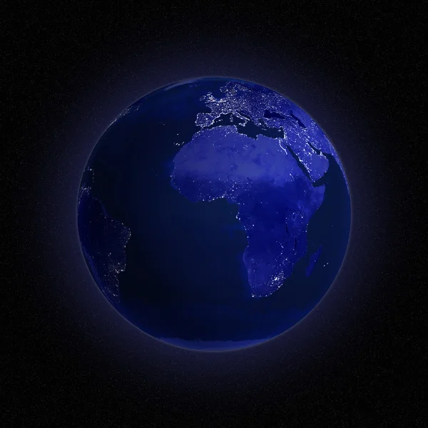 Nachtansicht der Erde aus dem All mit Lichtern, die in städtischen Gebieten leuchten. — Stockfoto