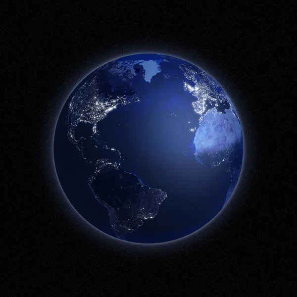 Vue nocturne de la Terre depuis l'espace avec des lumières qui brillent dans les zones urbaines . — Photo