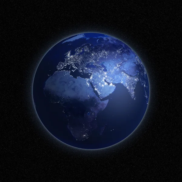 Vue nocturne de la Terre depuis l'espace avec des lumières qui brillent dans les zones urbaines . — Photo