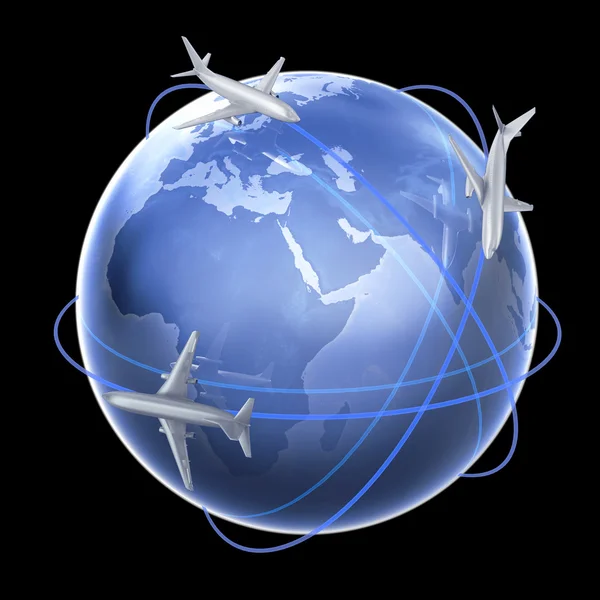 Tres aviones alrededor del globo - ilustración del concepto de viaje aéreo — Foto de Stock