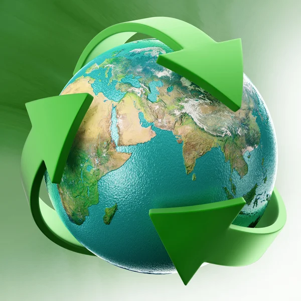 Глобус з зелені стрілки, що охоплюють землі — стокове фото