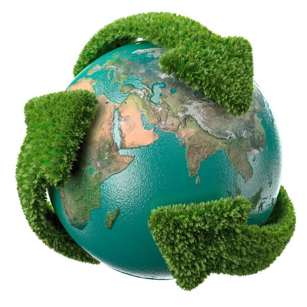地球を覆う緑の矢印でグローブ — ストック写真
