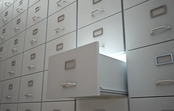 Armario de archivo con cajón abierto y luz — Foto de Stock