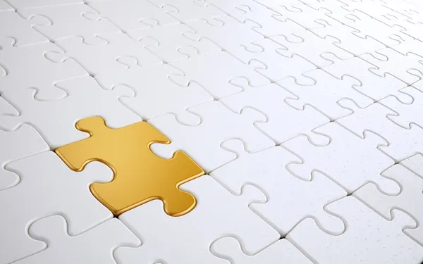 White jigsaw puzzle with a single Golden piece — Stock Photo, Image