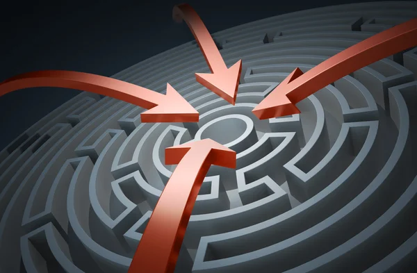 Kreisförmiges Labyrinth mit roten Pfeilen — Stockfoto