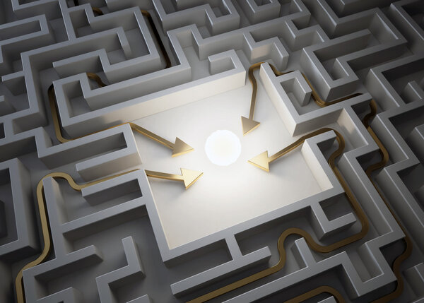 Четыре стрелы, ведущие к светящемуся шару
