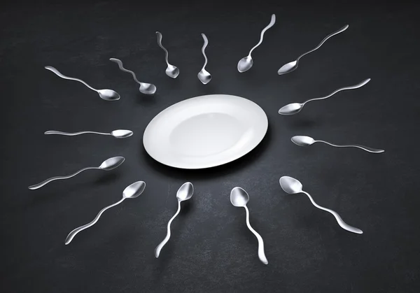 stock image Sperm cell shaped spoons straggleing to get to an empty plate