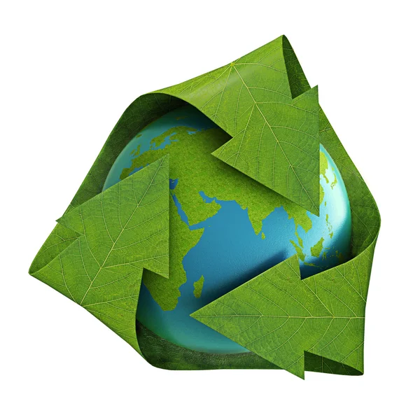 Globe with green leaf-like arrows - recycling symbol — Stock Photo, Image