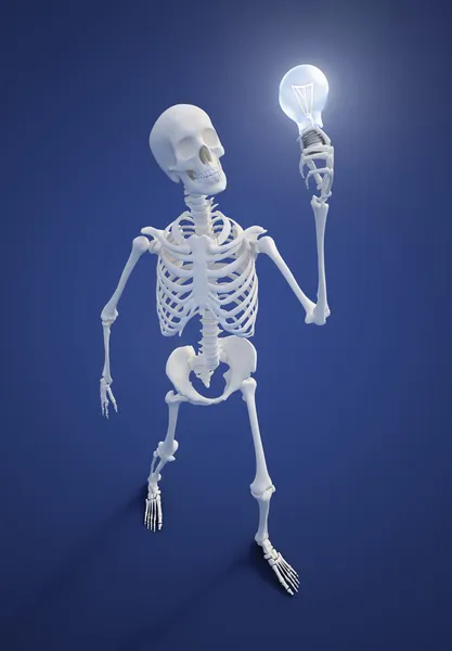 Skeleton holding a light bulb — Stock Photo, Image