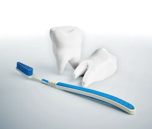 Dos dientes y cepillo de dientes - ilustración concepto de cuidado dental — Foto de Stock
