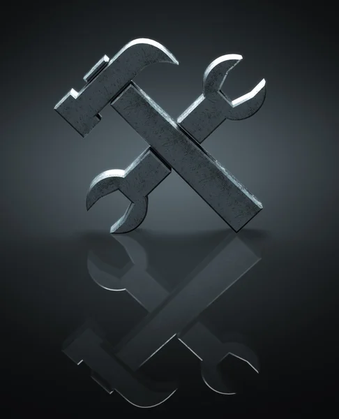 Martelo metálico e símbolo chave - ilustração 3d — Fotografia de Stock