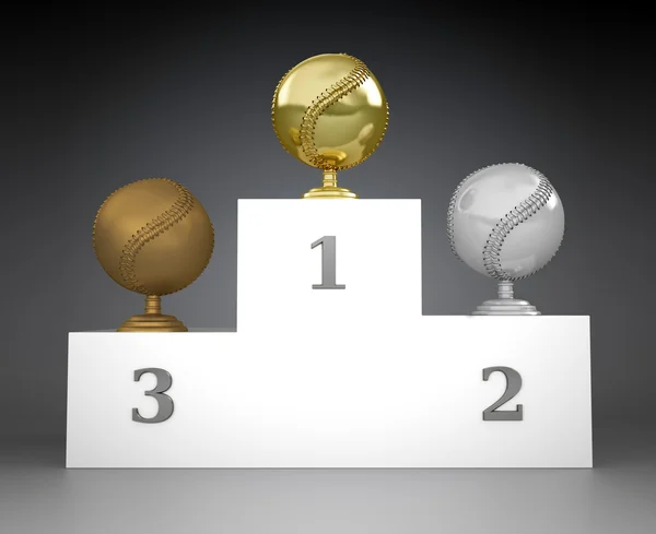 Gold, silver and bronze baseball shaped trophies on a podium — Stock Photo, Image