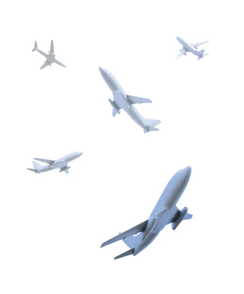 Cinq avions volant dans des directions différentes au-dessus du spectateur Image En Vente
