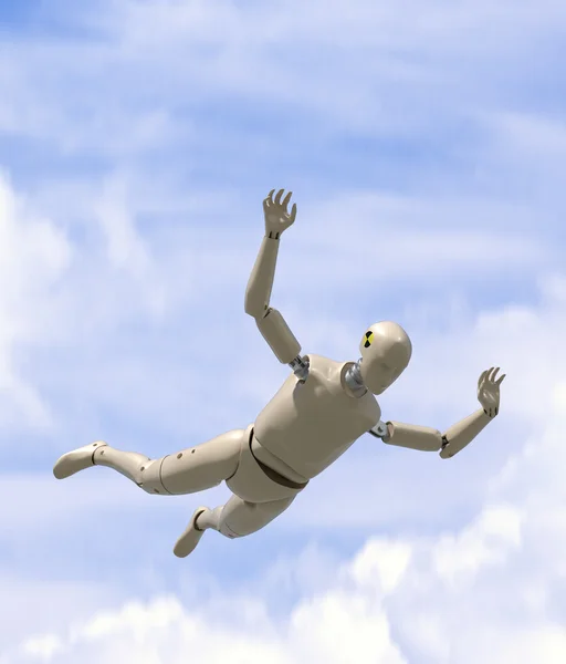 Crashtest-Dummy geht Fallschirmspringen. Stockfoto
