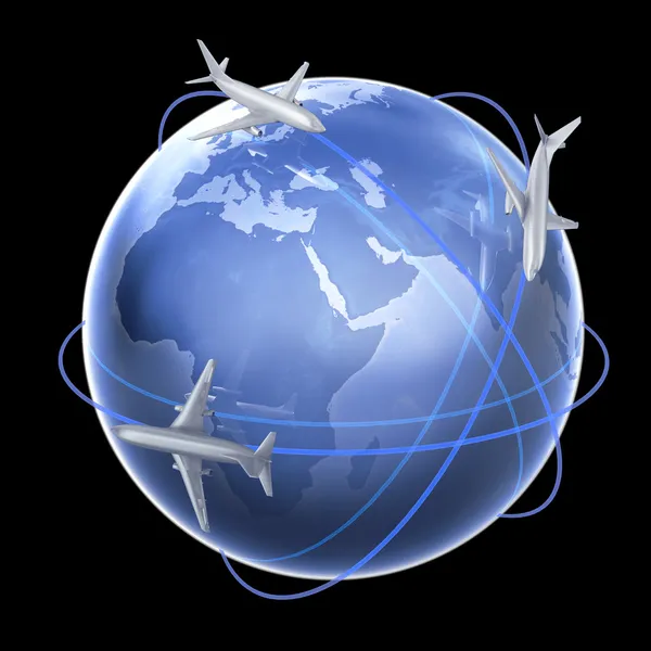 Three airplanes around th eglobe - air travel concept illustration — Stock Photo, Image