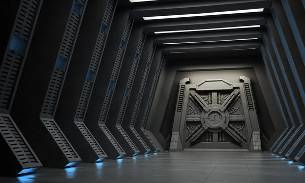 Interior de ciencia ficción - un pasillo con puerta reforzada . Imágenes de stock libres de derechos