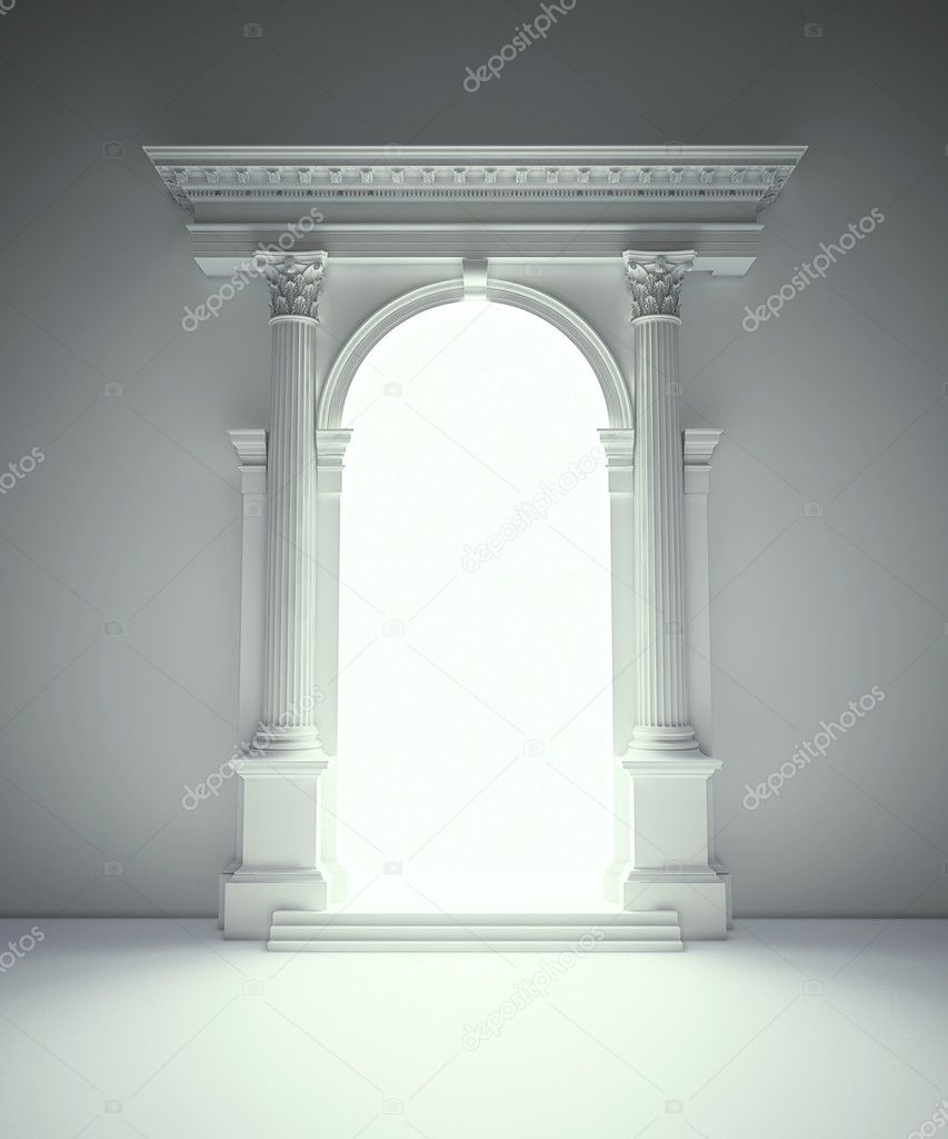 Classical architecture portal with corinthian columns, arcades and entablat