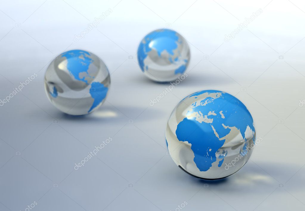 World map on glass spheres abstract image