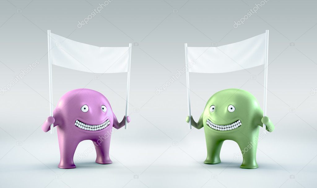 Two pink and green martians holding a blank banner