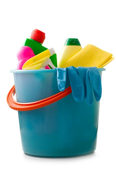 Plastic bucket with cleaning supplies — Stock Photo, Image