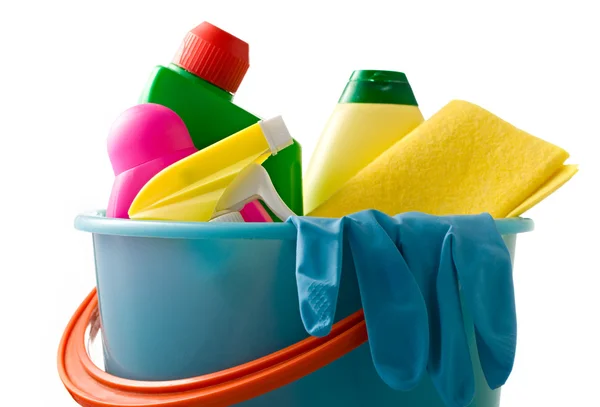 Plastic bucket with cleaning supplies — Stock Photo, Image