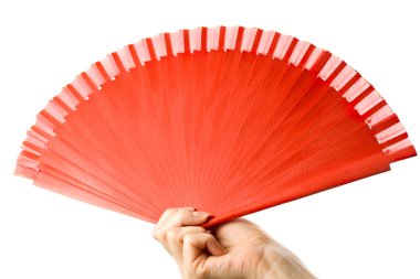 elinde kırmızı bir fan