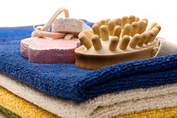 Towels, brush and pumice stones — Stock Photo, Image